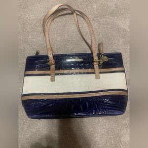 Brahmin Elegant Navy and Cream Crocodile-Embossed Tote Bag